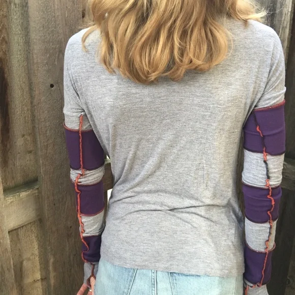 Upcycled Womens Purple Patchwork Shirt Size Medium Long Sleeve Gray Thumb Holes - Picture 10 of 12
